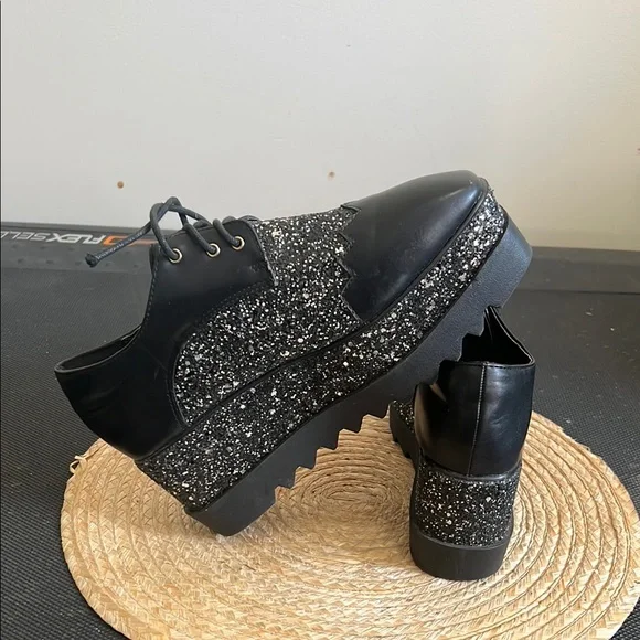 Black Glitter Platform Oxford  Funky Shoes Size 38 - Picture 9 of 14